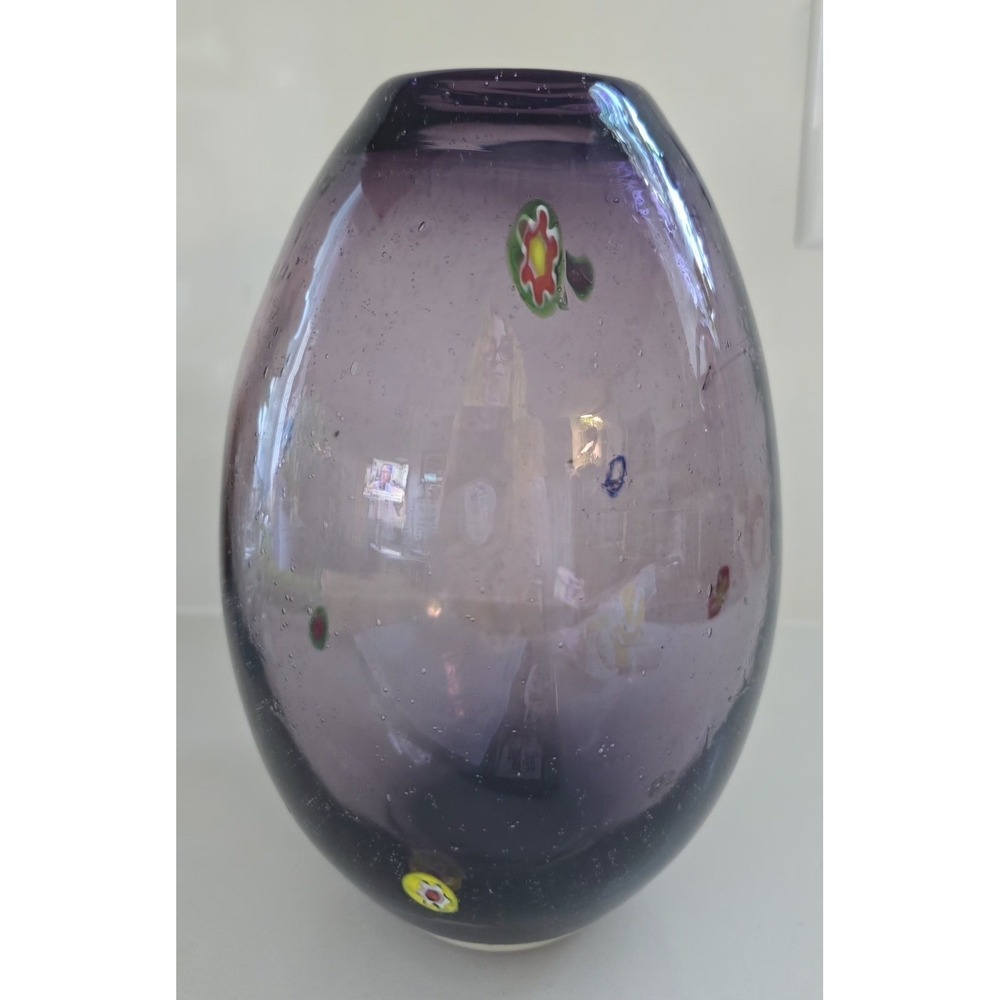 Margie's Garden Art Glass Base Millefiori Hand Blown Bubbles‎ Purple 9 In